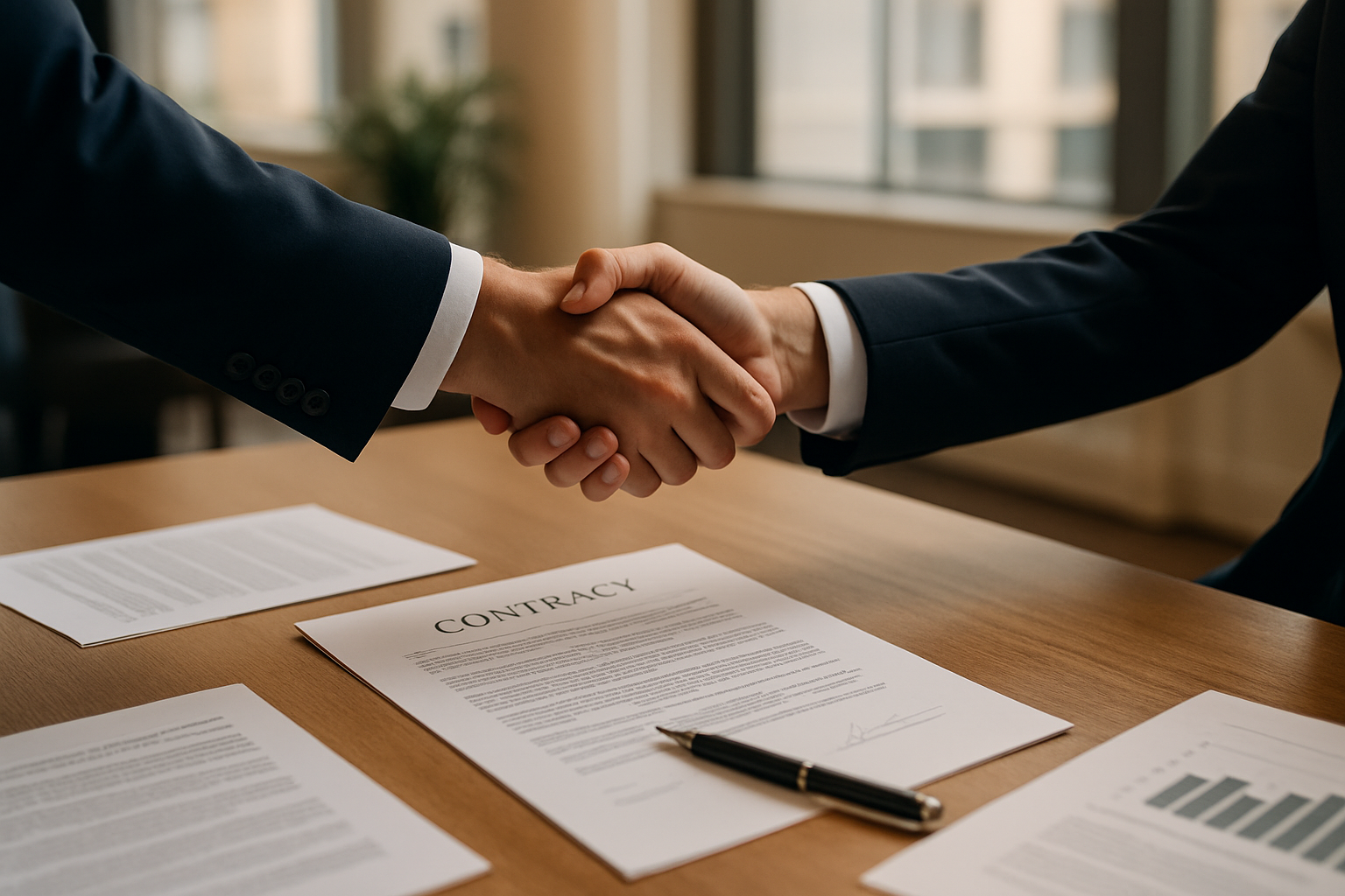 Genera un immagine della chiusura di un contratto con due mani che si stringono in un ufficio